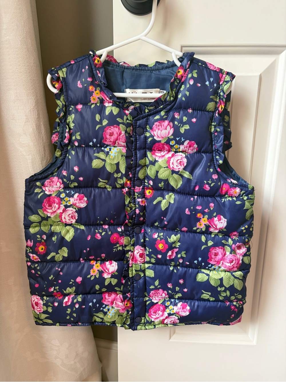 Girls Navy Floral Puffer Vest with Pink Roses